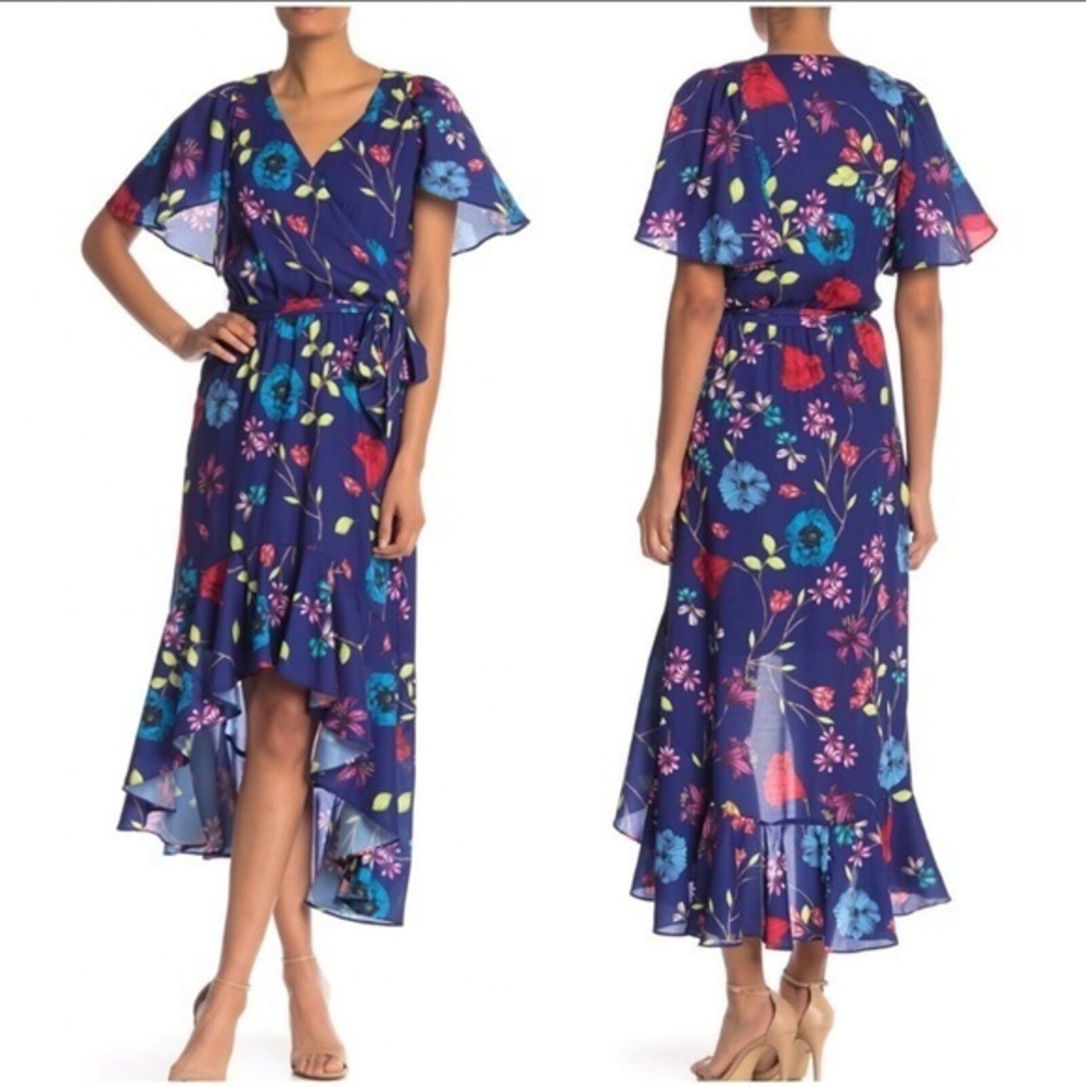 PARKER Blue Valencia Eclipse Floral High-Low Ruffle Dress size large